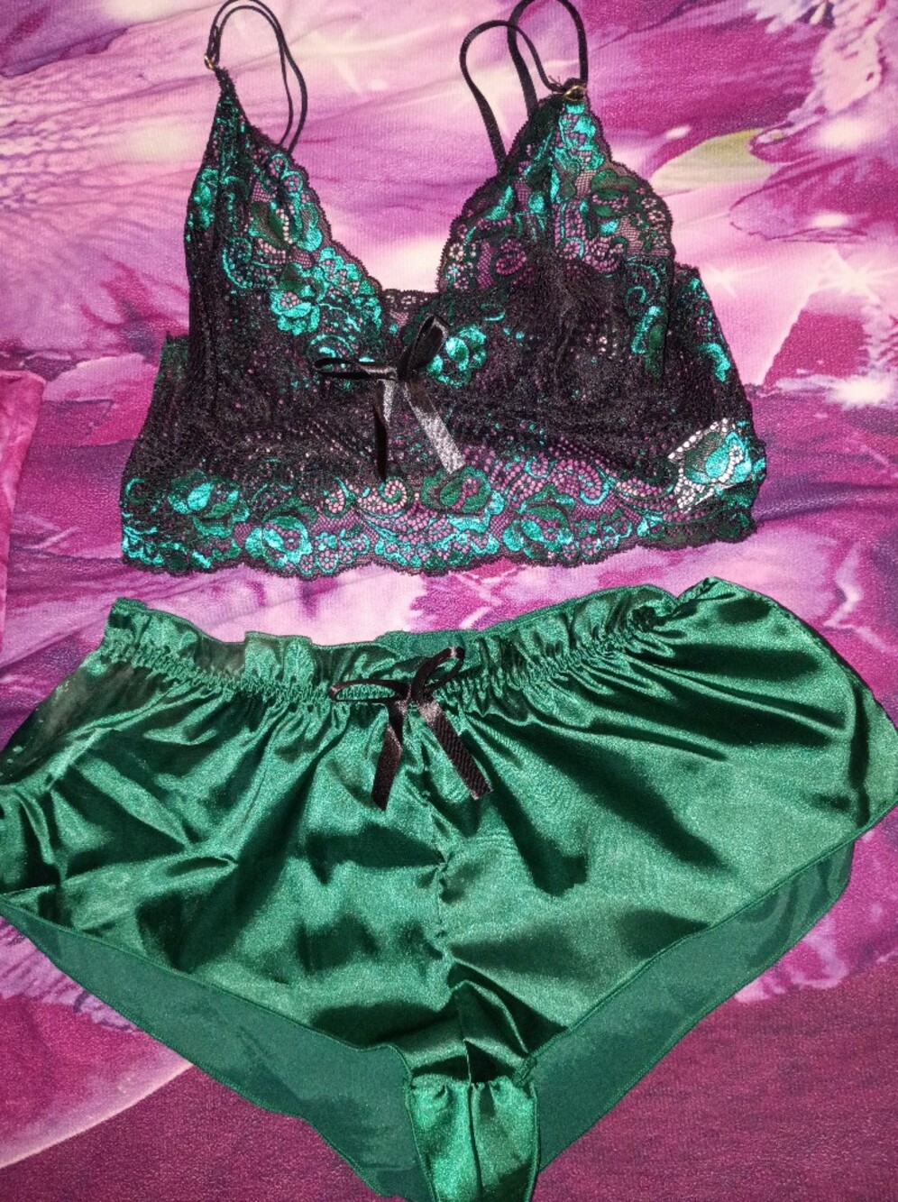 Green Satin & Black Lace Lingerie Set - Emerald Green
